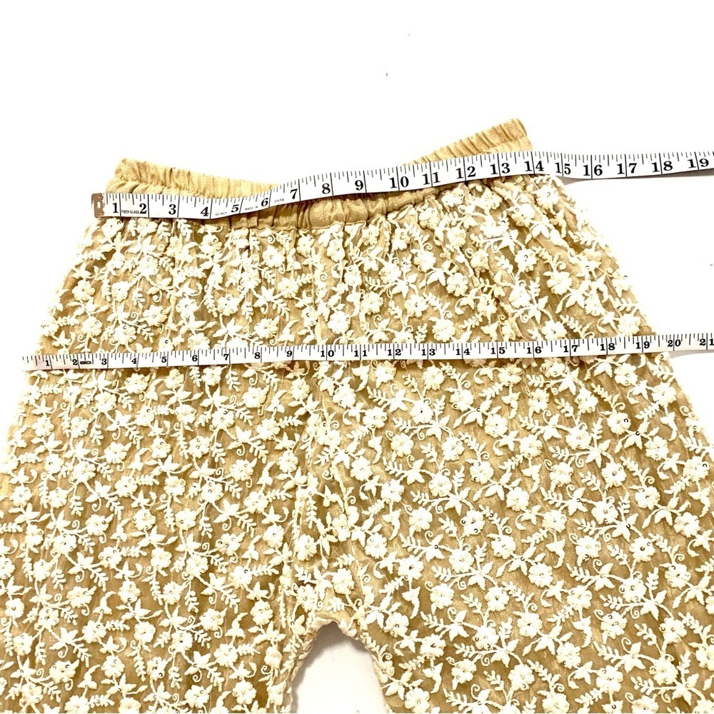 Cream Floral Lace Mesh Sequined Dressy Palazzo Wide Leg Cropped Ankle Pants S-M - Picture 7 of 10